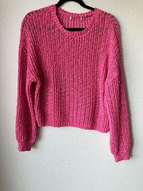 Pink Open-Knit Crewneck Sweater Crochet